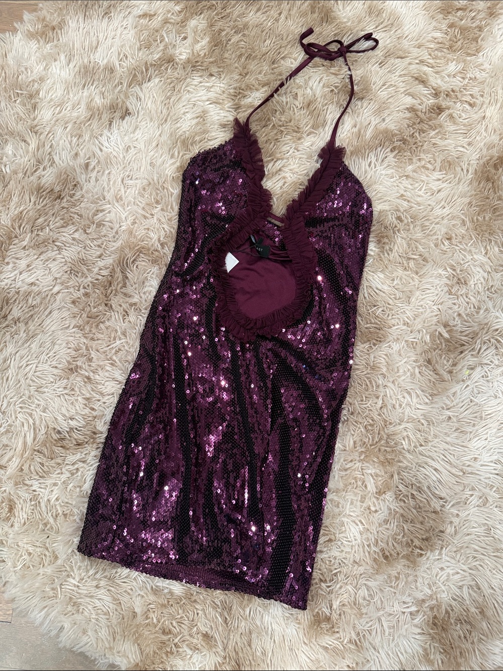 Plunge Halter Sequin Mini Dress in Deep Plum